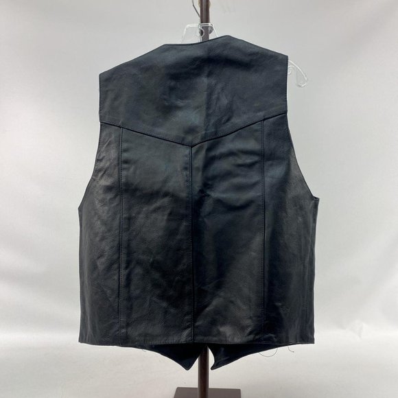 Men's Motorcycle Vest Size 42 Black Leather Front Button Sleeveless with Brooch - Picture 2 of 6